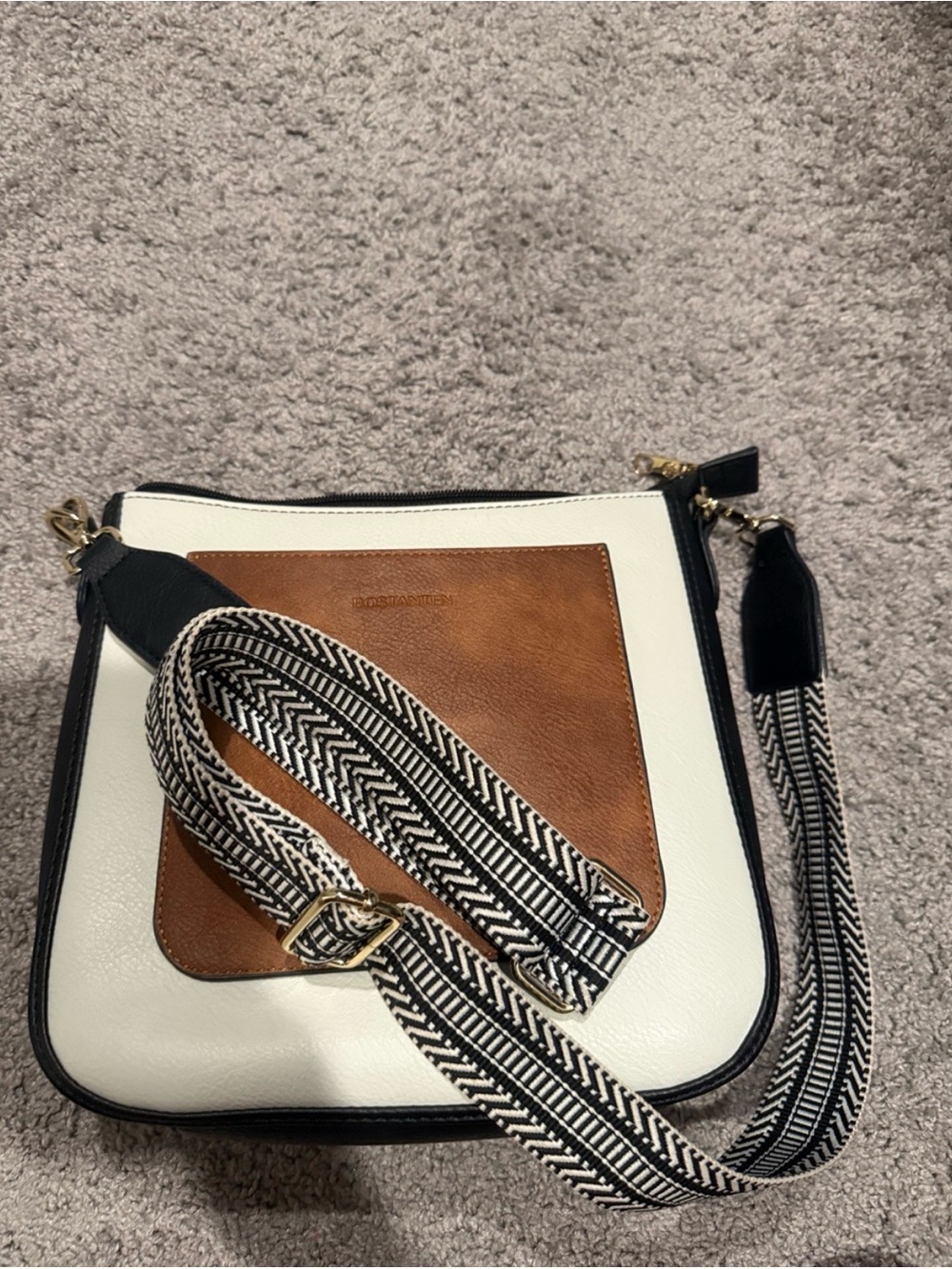 Contrast Leather Front-Pocket Crossbody Bag in White and Brown